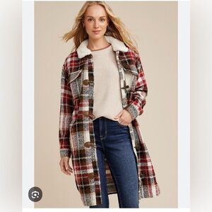 EUC❤️MAURICES❤️ Longline Plaid Shacket with Sherpa Collar Size M